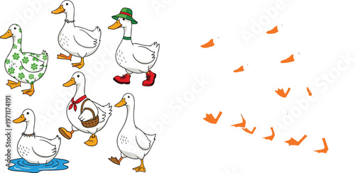 Cute duck cartoon character collection vector set with funny ducks in different outfits poses and footprints illustration isolated on white background