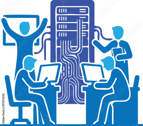 Collaborative team working with modern data center infrastructure and interconnected technology networks
