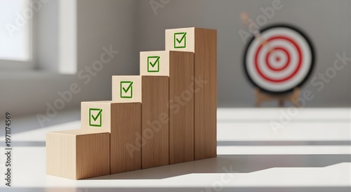 Business Growth Steps with Checkmarks and Target Goal
