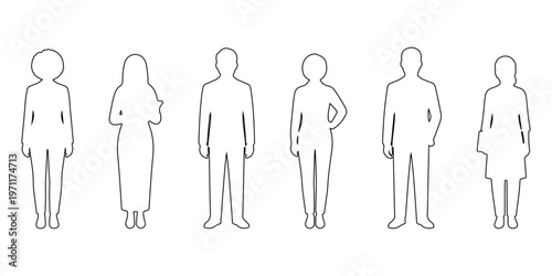 Diverse Business People Outline Set Standing in Line, Multicultural Office Workers Line Art Characters, Professional Men and Women Corporate Team Vector for HR and Workplace Concepts