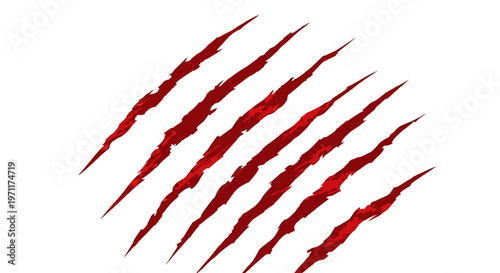 Dynamic, bloody red claw marks creating a menacing and aggressive scratch pattern, symbolizing danger, struggle, and fierce impact on a clean white background
