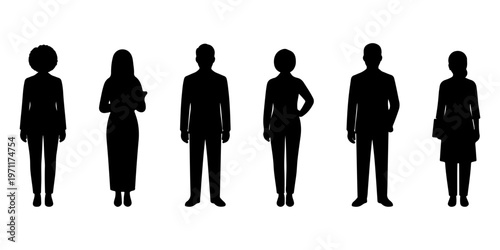 Diverse Business People Silhouette Set Standing in Line, Multicultural Office Workers Black Solid Shapes, Professional Men and Women Corporate Team Vector for HR and Workplace Diversity