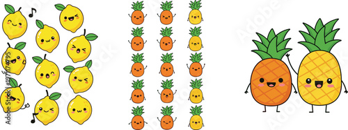 Cute lemon and pineapple cartoon characters collection vector illustration with funny faces, kawaii fruit set for kids design, summer theme and playful food concept