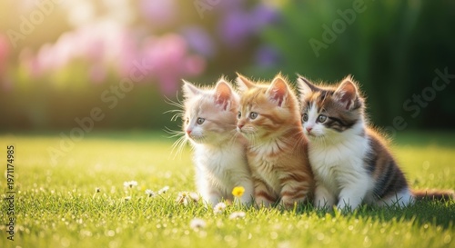 Three adorable kittens sitting side by side in a vibrant green meadow with soft sunlight and blurred flowers in the background.