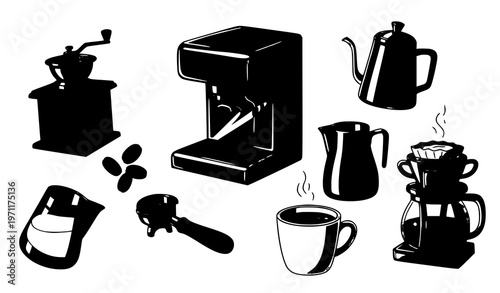 Coffee brewing doodle collection with hand drawn barista tools and espresso equipment in playful sketch style