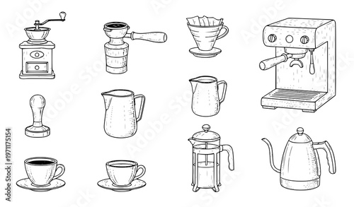 Hand drawn coffee brewing equipment doodle set with barista tools and espresso accessories in sketch vector style
