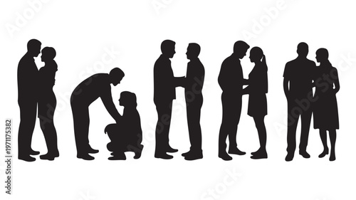 People Silhouettes Vector Set Showing Relationships and Support Isolated on White