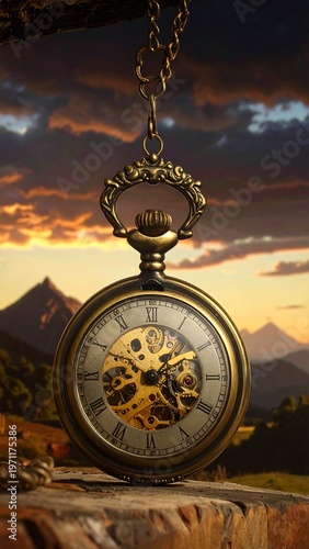 A vintage pocket watch on a rocky outcrop with a mountainous landscape