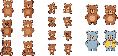 Cute teddy bear cartoon character collection vector set with different poses adorable plush toy illustration isolated on white background for kids design