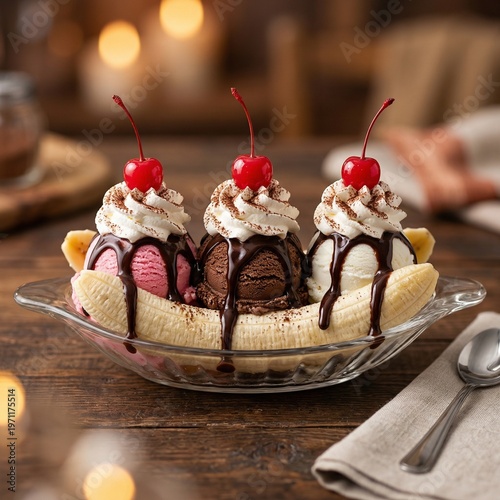 Banana Split with Ice Cream Chocolate Syrup Whipped Cream and Cherries Indulgent Dessert Advertising Food Photography