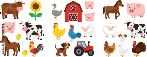 Farm animals cartoon collection vector illustration with barn, tractor and domestic livestock, cute rural characters set for agriculture design and countryside themes