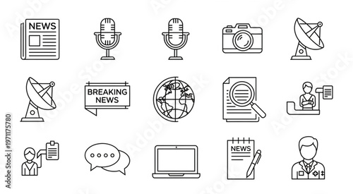 Collection of news and media icons representing journalism and communication.