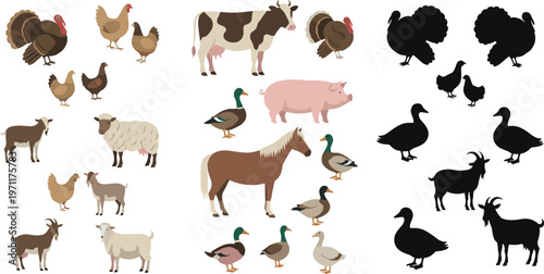 Farm animals collection vector set with cow pig horse sheep goat duck chicken turkey silhouettes and cartoon illustrations isolated on white background