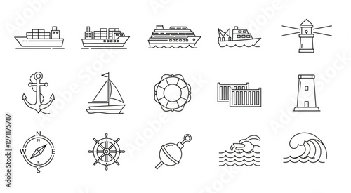 Collection of nautical and maritime themed line art icons on white background.