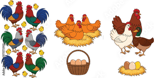 Farm chickens and roosters vector set with hens chicks eggs and nest rural animals collection for agriculture design and countryside illustration