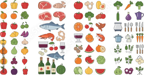 Food and drink vector collection set with fruits vegetables meat seafood beverages and kitchen items colorful illustration isolated on white background