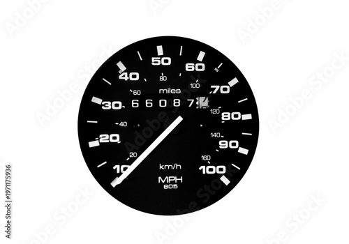 Classic car speedometer isolated on transparent background, black analog dashboard gauge with mph and km/h scales, automotive performance asset.