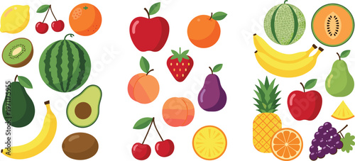 Fresh fruits collection vector illustration with apple, banana, watermelon, orange and tropical fruits, colorful healthy food set for nutrition and organic design