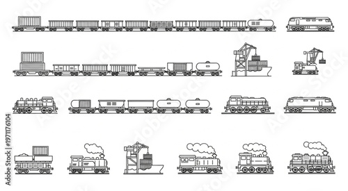 Various detailed illustrations of different types of trains and railcars for transport.