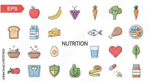 Colorful nutrition icons representing healthy food and lifestyle choices for well-being and diet.