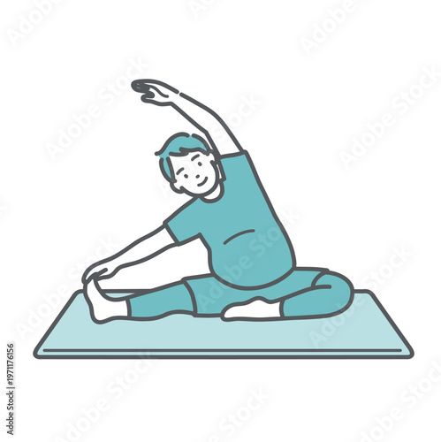 床に座って笑顔で開脚ストレッチをするぽっちゃり体型の男性のイラスト
