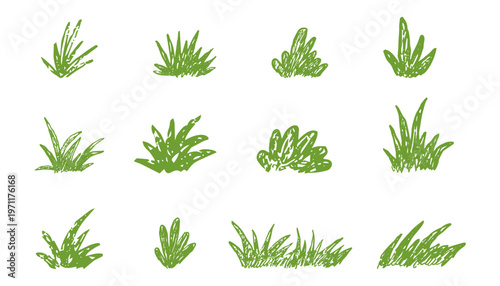 Green lawn grass set with crayon, pastel or chalk texture childlike drawing. Bushes and shrubbery pencil sketched scribble foliage elements