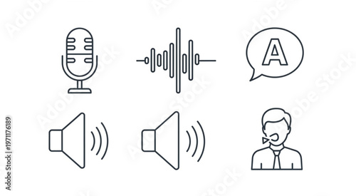 Audio communication concept featuring microphone, sound waves, speech bubble, and speaker icons.