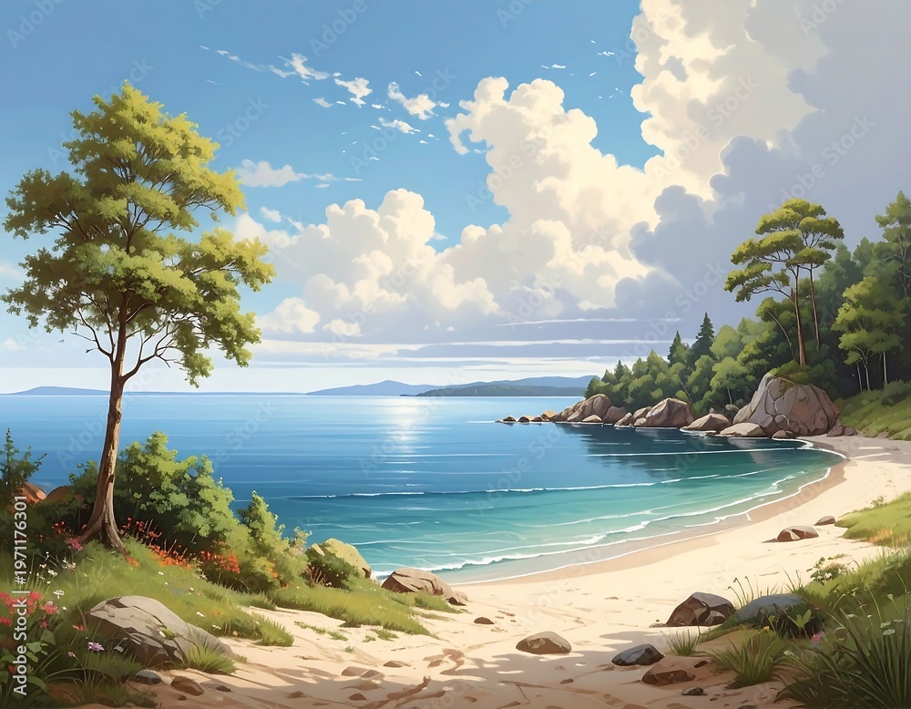 Fototapeta premium Beautiful Coastal Landscape Painting with Clear Blue Water and Sandy Beach.