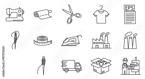 Sewing and manufacturing icons representing the clothing and textile industry.