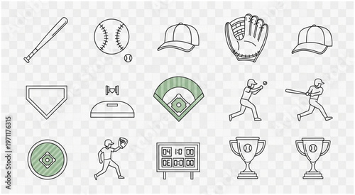 Baseball equipment and players in action, a collection of sports-related illustrations.