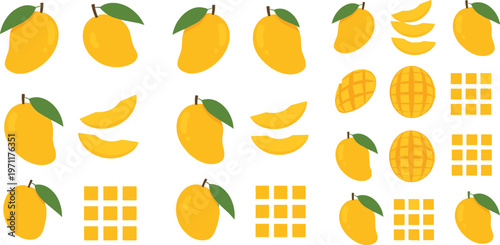 Mango fruit vector set with whole sliced and diced mango pieces tropical food collection for summer design healthy eating illustration isolated on white