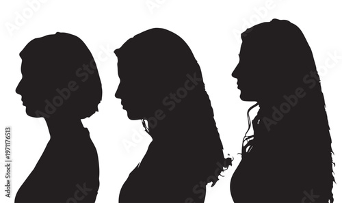 Three Female Silhouettes in Profile View Isolated on White Background