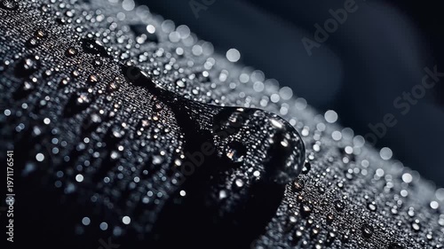 Abstract Macro Water Droplets on Black Fabric Texture Background with Detailed Surface
