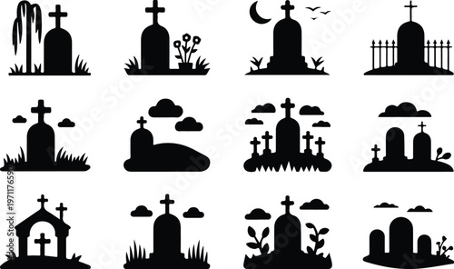 Christian Grave Silhouette Icon Cross Tomb Outline Design