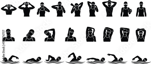 Swimming technique steps illustration, swimmer stroke sequence, freestyle motion guide, athlete training diagram, aquatic sport infographic, swimming posture progression set