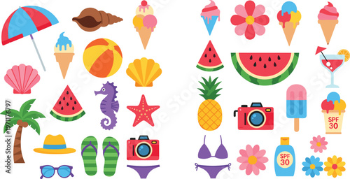 Summer beach elements vector set with ice cream watermelon pineapple camera sunglasses and accessories collection for vacation design travel illustration isolated on white