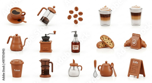 A collection of brown coffee and cafe themed vector icons and illustrations on a white background