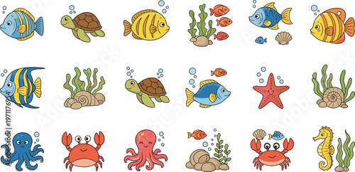 Underwater sea life set – cartoon marine animals with fish, crab, octopus and coral