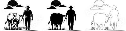 Man with Cow Silhouette Rural Life Animal Care and Traditional Lifestyle Concept Minimal Illustration