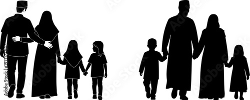 Muslim Family Walking Together Silhouette Father Mother and Children in Traditional Islamic Clothing
