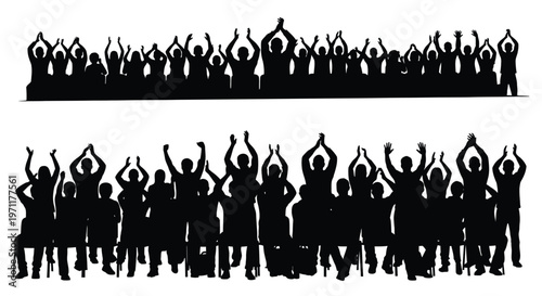 Silhouettes of diverse crowd standing and raising hands in unison outdoors at night