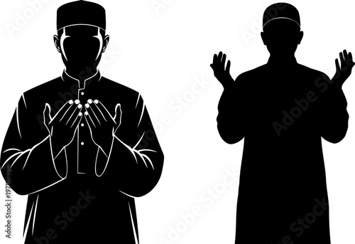 Muslim man silhouette wearing traditional clothes praying in namaz position, celebrating eid al adha.