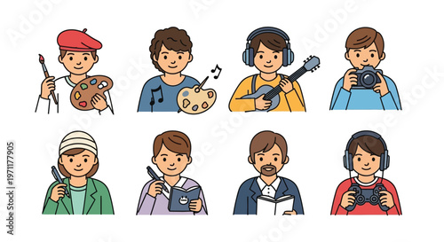 Various people engaging in creative hobbies and activities at home indoors