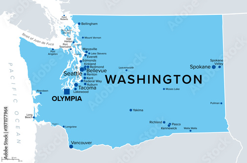 State of Washington, political map. Often referred to as Washington State, located in the Pacific Northwest region of United States, with capital Olympia and largest city Seattle. Illustration. Vector