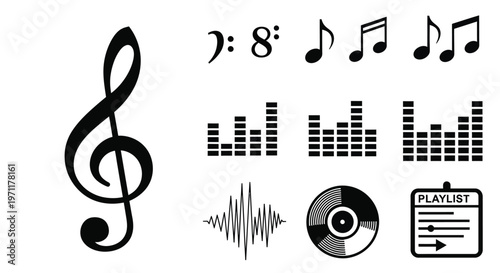 Music symbols and icons represent a playlist with notes and sound waves