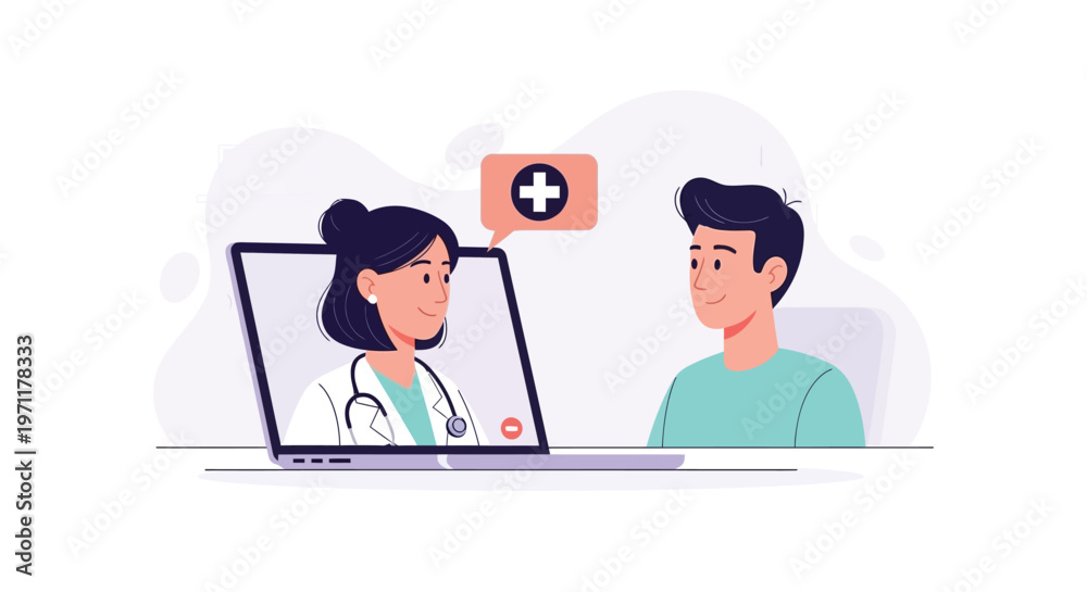 Fototapeta premium Doctor consults patient via laptop in clinic office setting remotely