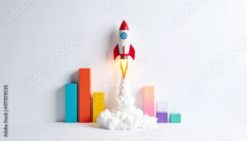 Toy rocket launching upward with cotton smoke base, colorful rectangular bars arranged like bar chart in background, plain white backdrop, symbolizing growth, progress, success, and technological adva