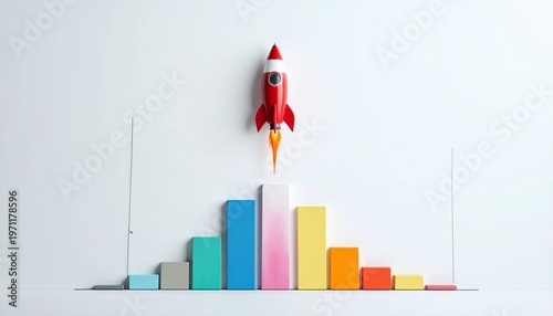 Toy rocket launching upward with cotton smoke base, colorful rectangular bars arranged like bar chart in background, plain white backdrop, symbolizing growth, progress, success, and technological adva