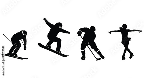Silhouettes of people skiing and snowboarding in various poses