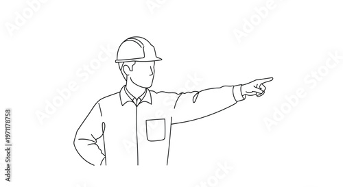 A worker in a hard hat points forward with one hand on hip in an illustration.